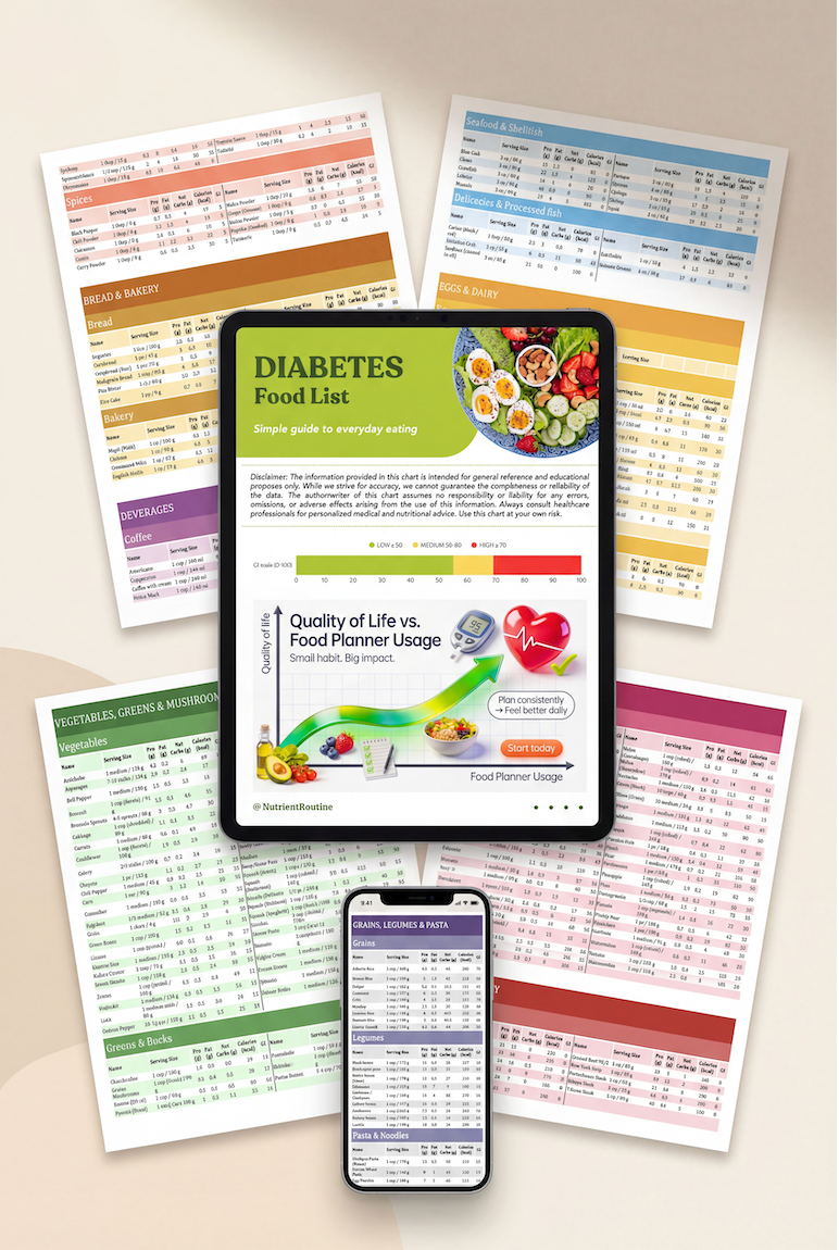 Ultimate Diabetes Food List (Printable PDF) - 8-Page Carb, Fat, Protein, Calorie & Glycemic Index Guide (Digital Download)