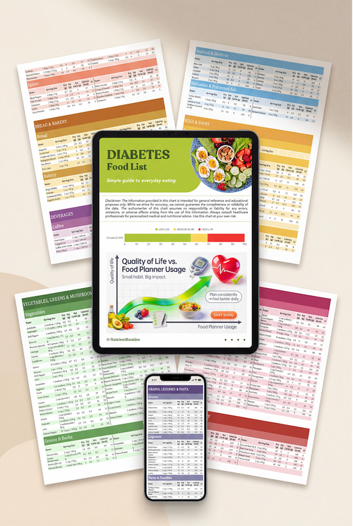 Ultimate Diabetes Food List (Printable PDF) - 8-Page Carb, Fat, Protein, Calorie & Glycemic Index Guide (Digital Download)
